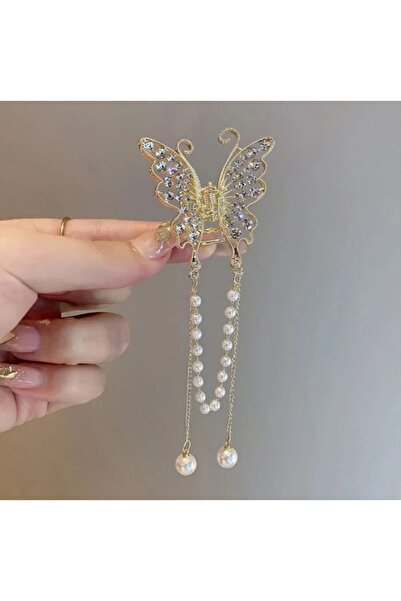 Lunarie Gold Hair Clip with Large Butterfly Zircon Stone and Pearl Pendant - ...