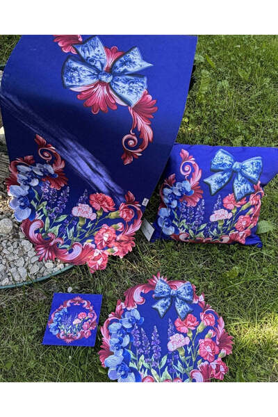 LAMUA HOME LaMua Desenli 4 Kişilik Sunum Seti Runner Supla Bardak Altlığı Kırlent 11 Parça