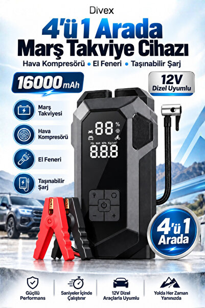 4’ü 1 Arada 16000 mAh Marş Takviye Cihazı – 12V Araç Uyumlu Hava Kompresörü, LED Fener ve Taşınabilir Şarj Cihazı