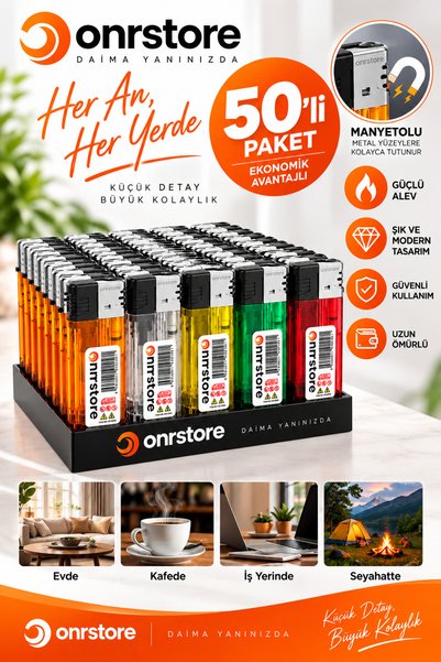 ONRSTORE 50’li Paket Manyetolu Gaz Dolumlu Çakmak Renkli Şeffaf Gövde Ekonomi...