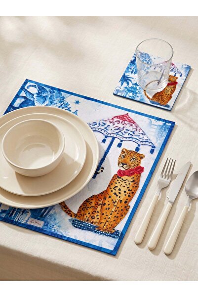 LAMUA HOME Safari Desenli 4 Kişilik Sunum Seti Runner Supla Bardak Altlığı Kı...
