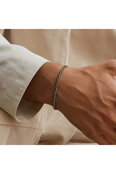 Ahamelia Jewelry 925 Ayar Gümüş Oksitli Örgü Zincir Erkek Bileklik