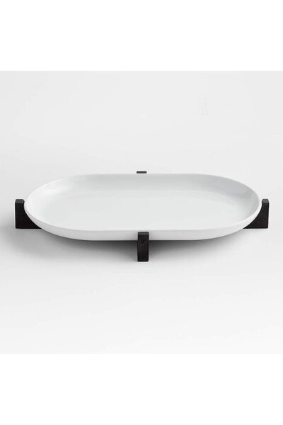 Crate & Barrel Black Oval Serving Plate with Wooden Base for Oven and Table