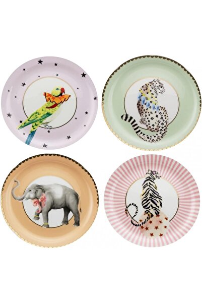 YVONNE ELLEN 16 cm Animal Tea Plates Set of 4, Bone China, Gold
