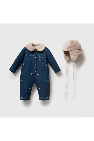 Karaniko Kids Unısex Bebek Peluş Yaka Ayıcık İşlemeli Denim Tulum Ve Şapkalı ...