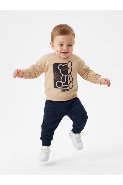 Kids Kingdom Pamuklu Ayıcık Detaylı 2Lİ Erkek Bebek Takım siyah krem