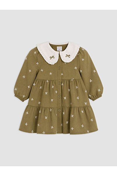 LC Waikiki Lcw Baby Khaki Baby Girl Dress with Bow Collar and Printed Design