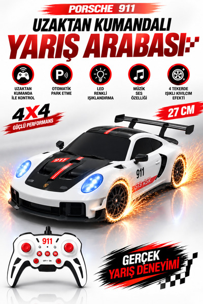 NeoThings Uzaktan Kumandalı Kıvılcım Efektli Porsche 911 27 CM – LED Işıklı S...