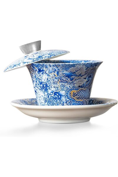 fanquare Çin Ejderhası Gaiwan Mavi Sancai Çay Kasesi Seti, 100 ml Porselen Fi...