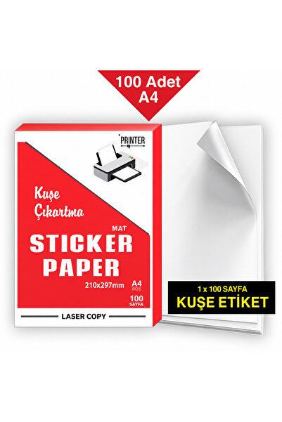 Kuşe Yapışkanlı Etiket | A4 Boy | 100 Adet - Boş Sticker - Mat - Tüm Yazıcılara Uygun