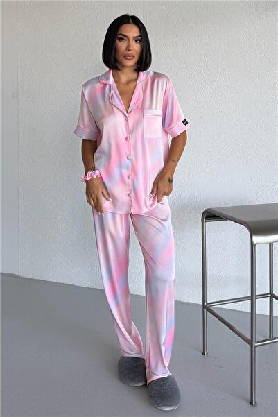 Saten Kısa Kol Pantolon Pijama Takımı