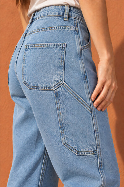 WGOCC JEANS Kadın Yüksek Bel Baggy Bol Kesim Salaş Açık Mavi Kot Pantolon