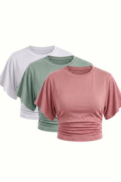 MAXIMILLIAN Women's 3-Piece Basic Tight Bat Sleeve Crop Blouse