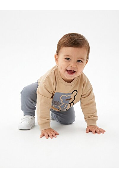 Kids Kingdom Pamuklu Ayıcık Detaylı 2Lİ Erkek Bebek Takım Gri