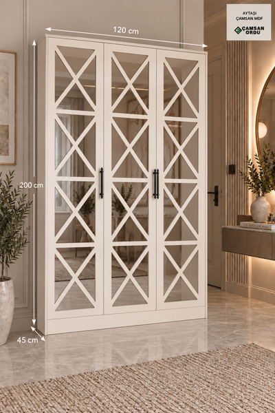 Genel Markalar 3 Kapaklı Camlı Portmanto Vestiyer – 120x200 cm – Askılıklı ve...