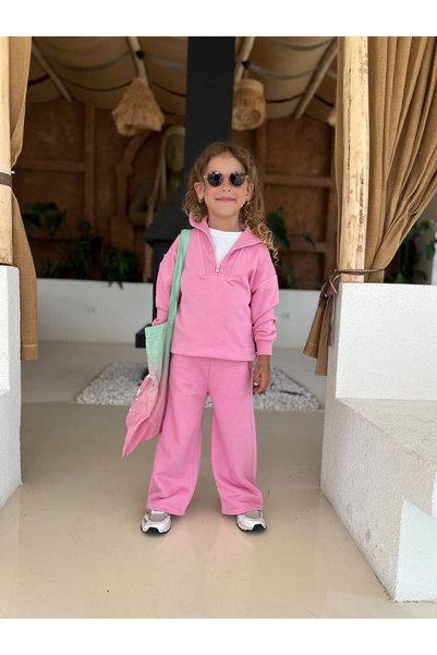 Miniminnakkidswear Girl's Oversized Zipper Collar Bottom Top Set 3-10 Years Old