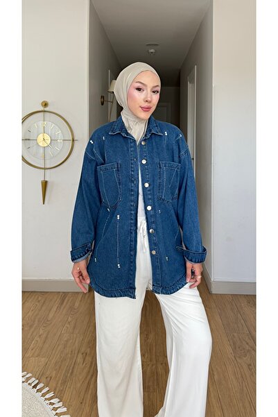 NİLNUR MODA قميص دينيم نسائي مزين باللؤلؤ من الموسم الجديد