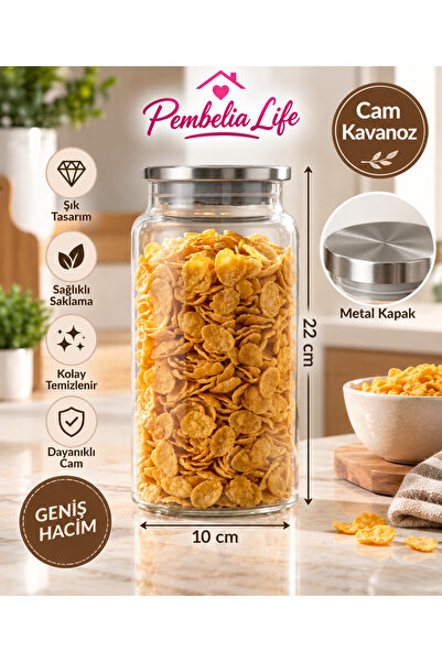 Pembelia Life جرة تخزين واحدة من الزجاج بغطاء معدني بسعة 1300 سم مكعب للبقولي...