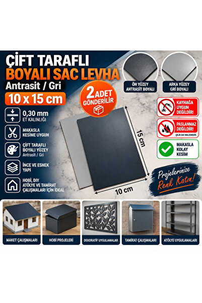 Home 2 Adet Boyalı Sac Levha 10x15 cm 0,30 mm Antrasit Gri Metal Plaka Makasl...
