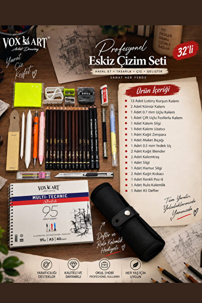 Vox Art 32'li Eskiz Çizim Kalem Seti (Artist Kalite Dereceli Kurşun Kalemler)...