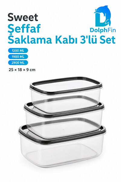 DolphFin Sweet Transparent Storage Container Set of 3 Black 25 × 18 × 9 cm