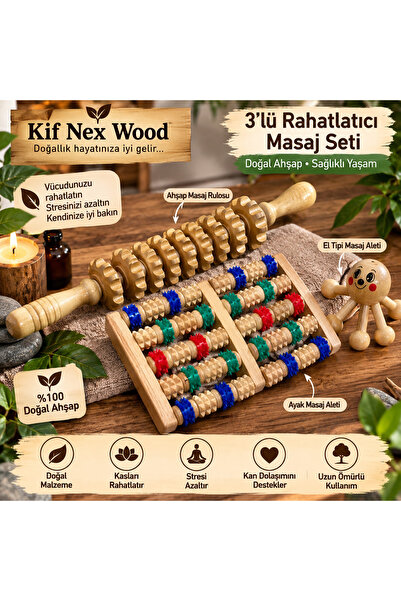 Kifnexwood 3’lü Doğal Ahşap Rahatlatıcı Masaj Seti – Ayak, El ve Vücut Masaj ...