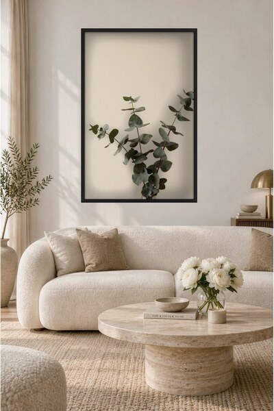 ZURİ DESİGN Beyaz Çiçek Okaliptüs Tablo Çerçeve Görünümlü MDF Duvar Tablosu B...