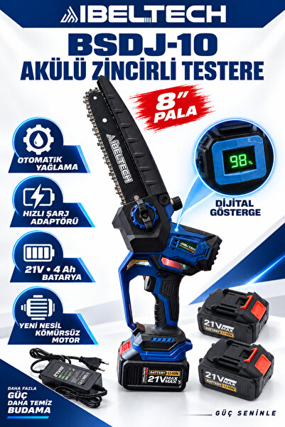 İBELTECH BSDJ-10 21V 4Ah Akülü Zincirli Budama Testeresi 8 İnç Kömürsüz Motor...