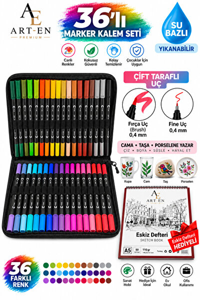 Art-en 36 Lı Çift Taraflı Uçlu Fırça Uç Ve 0.4 Mm Fine Uçlu Marker Kalem seti...