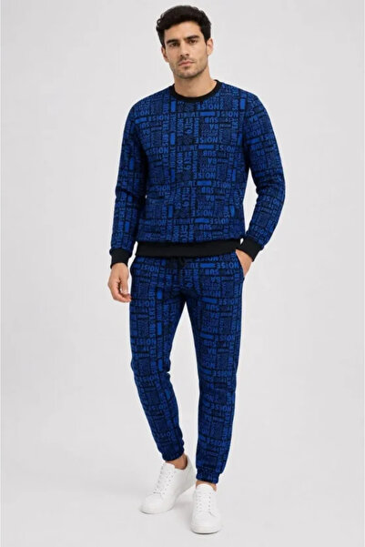 Kokosh moda Men's Black and Blue Text Patterned Two-Thread Rastered Tracksuit...