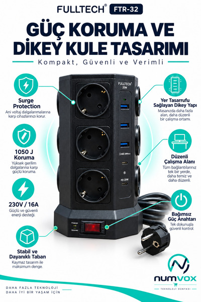 numvox FULLTECH FTR32 Kule Tip Akım Korumalı Priz 3 x USB 2 x TYPE C