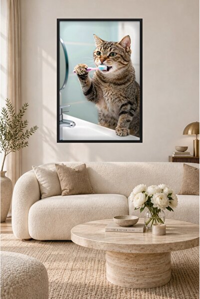 ZURİ DESİGN Mizahi Kedi Diş Fırçalayan Kedi Tablo Çerçeve Görünümlü MDF Duvar...