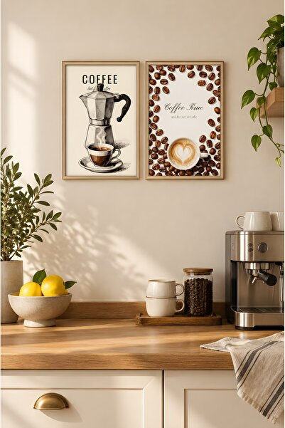 ZURİ DESİGN Coffee Yazılı Moka Pot Coffee Time 2'li Set Çerçeve Görünümlü MDF...