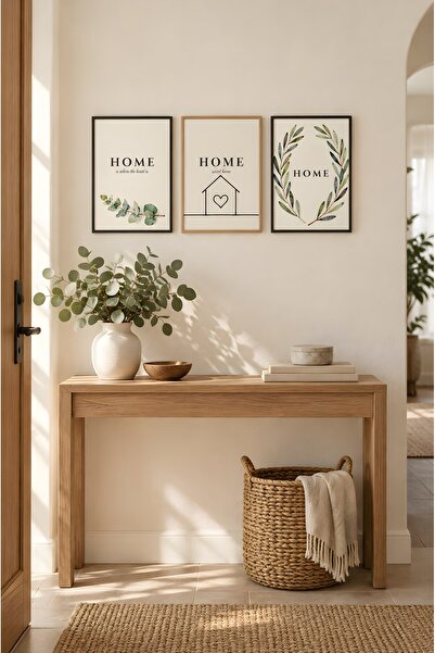 ZURİ DESİGN Home Yazılı Okaliptüs Ev Zeytin Dalı 3'lü Set Çerçeve Görünümlü M...