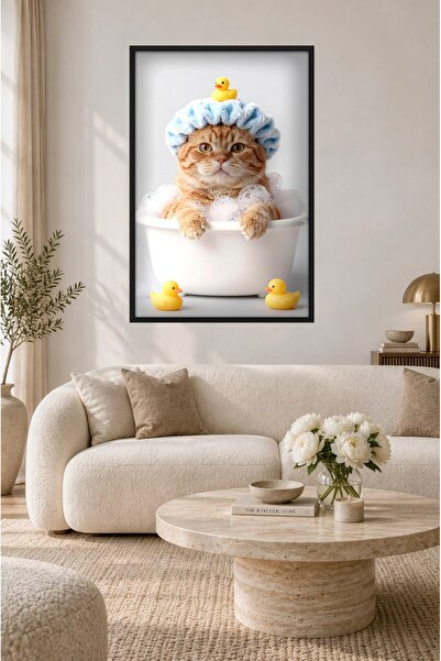 ZURİ DESİGN Mizahi Kedi Köpüklü Küvet Kedi Tablo Çerçeve Görünümlü MDF Duvar ...