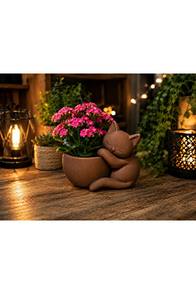 3D Baskı Sarılan Kedi Saksı - Sevimli Dekoratif Saksı - Kahverengi
