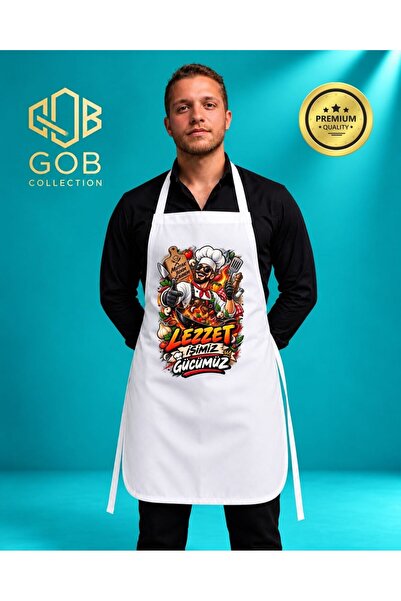 GOB Collection Unisex Baskılı Mutfak Önlüğü Aşçı Şef Önlüğü Kadın Erkek Beyaz...