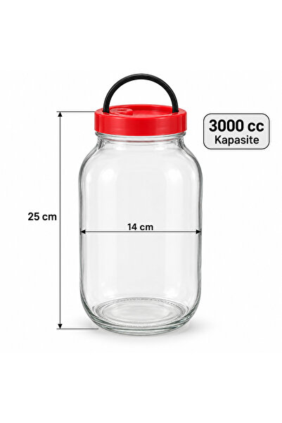 Paşabahçe 3000 cc Kulplu Cam Kavanoz – 3 Litre Taşıma Saplı Kırmızı Kapaklı B...