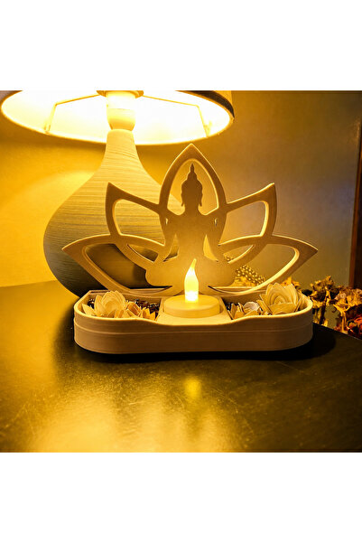 3D Baskı Lotus Buda Mumluk - Dekoratif Tealight Mumluk-Bej