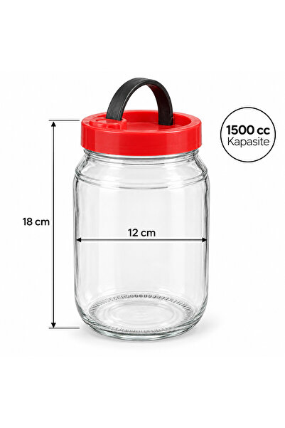 Paşabahçe 1500 cc Kulplu Cam Kavanoz – 1,5 Litre Taşıma Saplı Kırmızı Kapaklı...