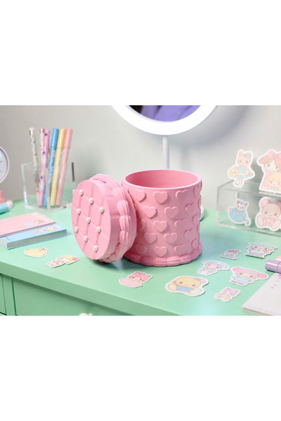 Bezos 3D Printed Embossed Heart Pattern Pen Holder with Lid - Desktop Organiz...
