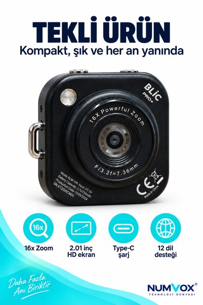 numvox BLIC PRO+ BLM-108 Mini Cep Kamera 2.01" HD Ekran 16X Dijital Zoom 1080P Video Type-C 128GB Destekli