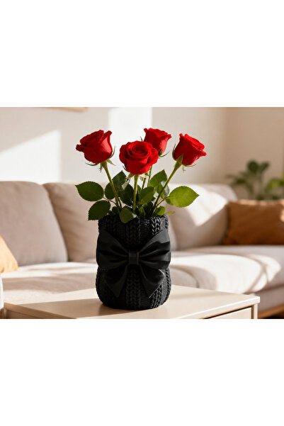 Bezos Vază tricotată cu fundă imprimată 3D - Ghiveci decorativ pentru flori-N...