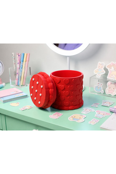 Bezos 3D Printed Embossed Heart Patterned Pen Holder with Lid - Desktop Organ...