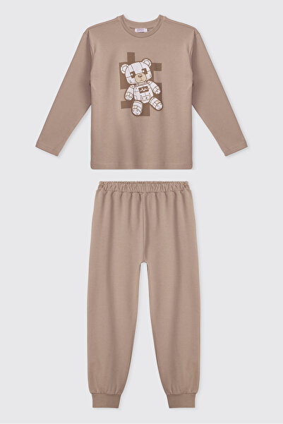 Panço Erkek Çocuk Ayıcık Baskılı Bej Pijama Takımı