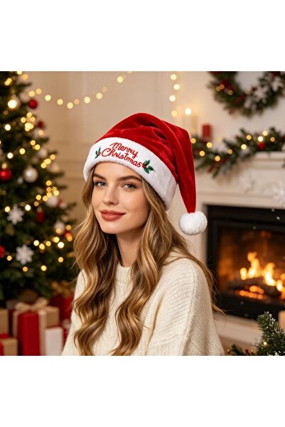 Kmt Style Red Velvet Christmas hat with fluffy border and embroidery, Christm...