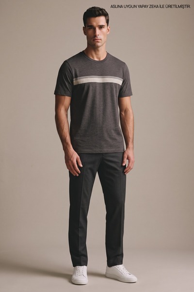 Maccali Dark Gray Men's Crew Neck Loose Fit T-Shirt with Chest Band