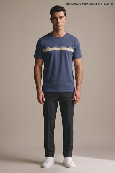 Maccali Indigo Men's Chest-Banded Crew Neck Loose Fit T-Shirt
