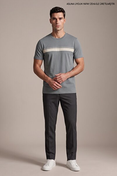 Maccali Khaki Green Men's Crew Neck Loose Fit T-Shirt with Chest Band