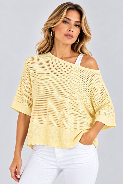 moda wanilia Women's Openwork Knit Boat Neck Bat Sleeve Oversize Knitwear Blo...